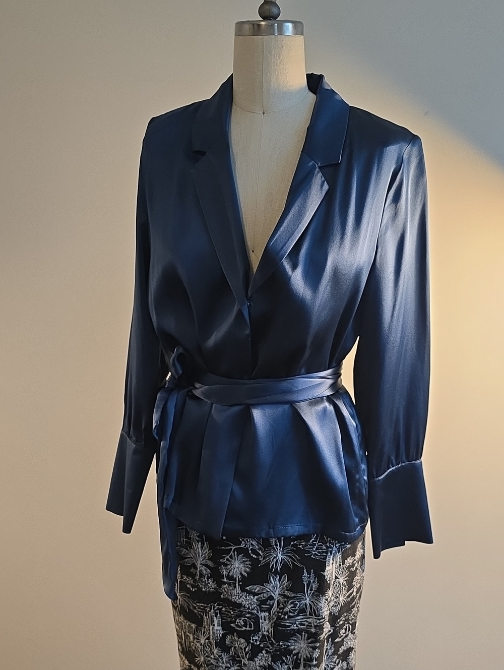 Dmn Demain Silk Wrap Shirt with Self-Tie Belt in Blue Silk. Beautiful Top